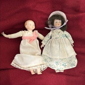 Vintage Porcelain Dolls in White and Floral Dresses
